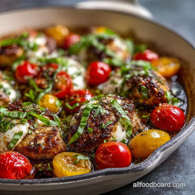 Plated chicken Caprese: juicy chicken, melted cheese pull, vibrant red tomatoes, and fresh green basil drizzled with glaze.