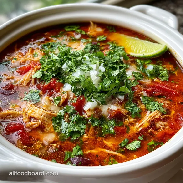 Elegant bowl of chicken enchilada soup, garnished with fresh cilantro, sour cream swirl, and crispy tortilla strips.