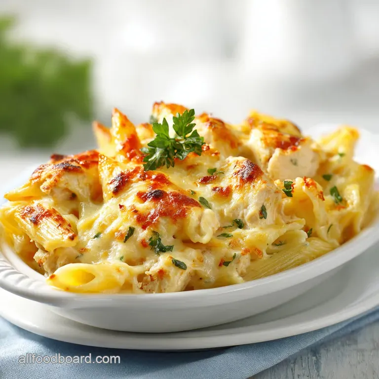 Creamy penne pasta with chicken, plated with fresh parsley. Steam rises, hinting at a comforting warmth.