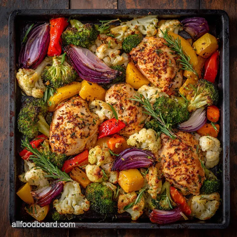Perfectly arranged plate of vibrant roasted vegetables and juicy chicken breast, creating an appetizing and healthy meal.