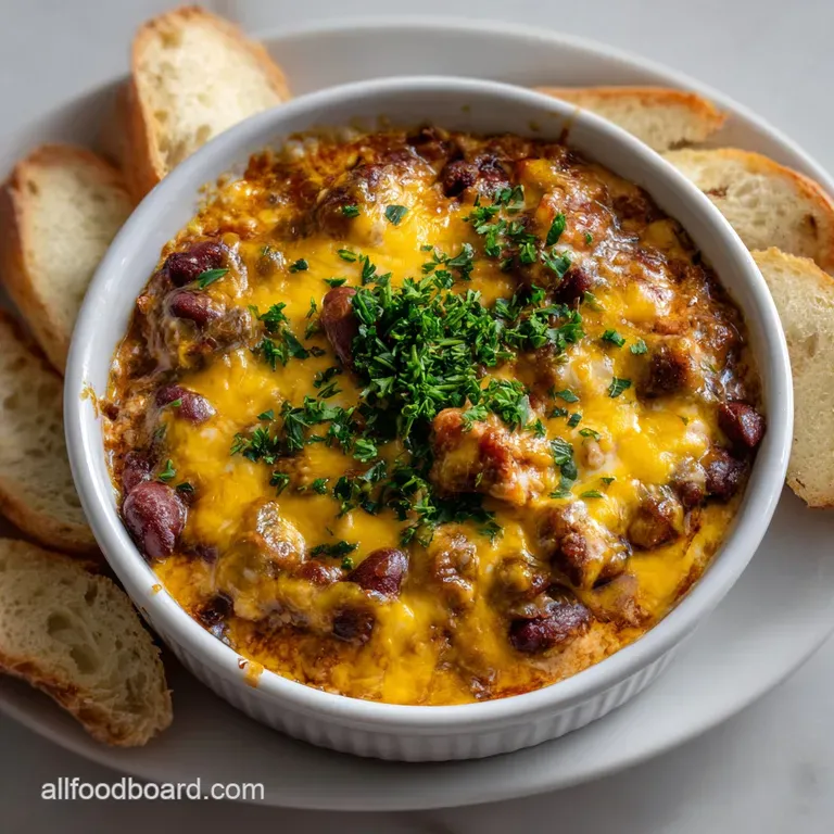 Creamy cheddar dip swirled with chili, served with crisp tortilla chips. Warm, inviting with vibrant colors, perfect for s...