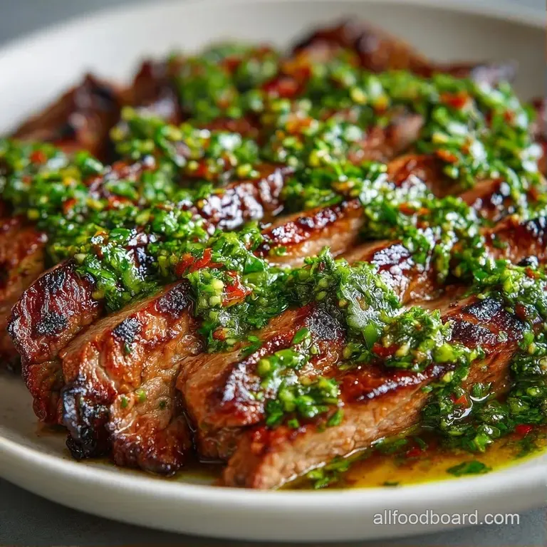 Neatly sliced medium-rare beef with a bright green herb oil drizzle arranged on a minimalist white ceramic plate.