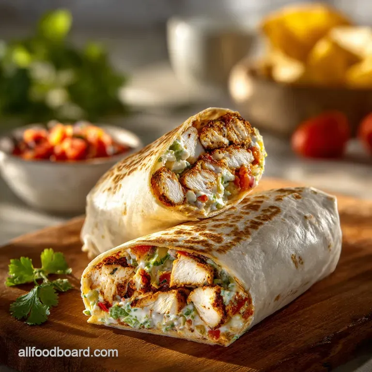 Plated burrito: grilled chicken, creamy chipotle ranch, fresh greens, and juicy tomato spilling from a soft, toasted torti...