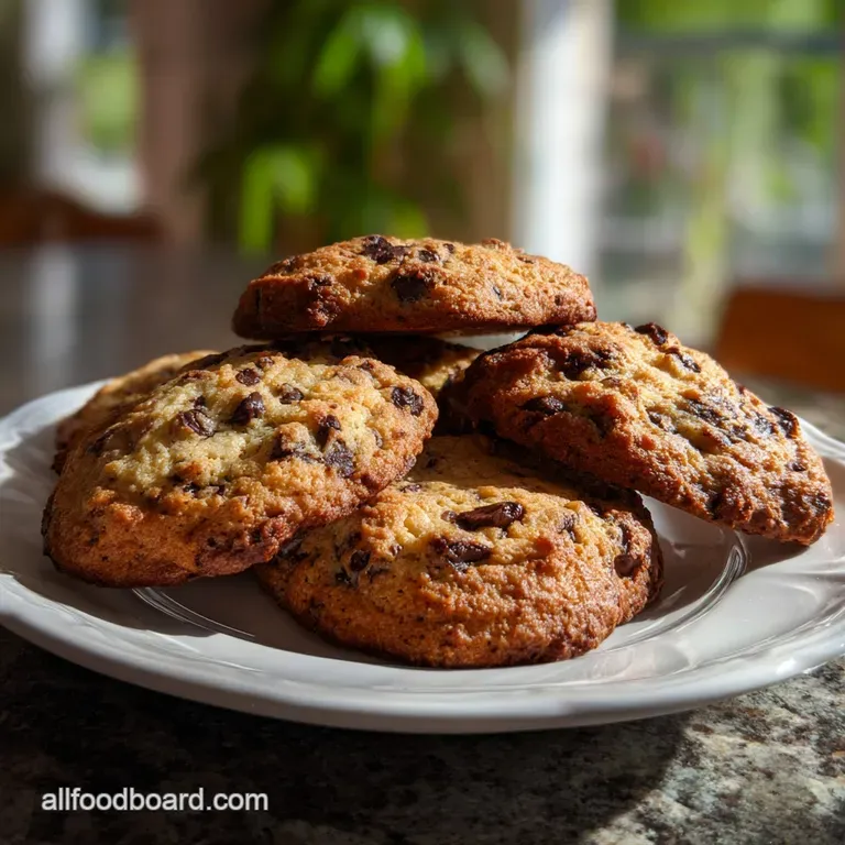 Stack of three soft banana cookies with melted chocolate chunks, elegantly presented on a white plate with a dusting of po...