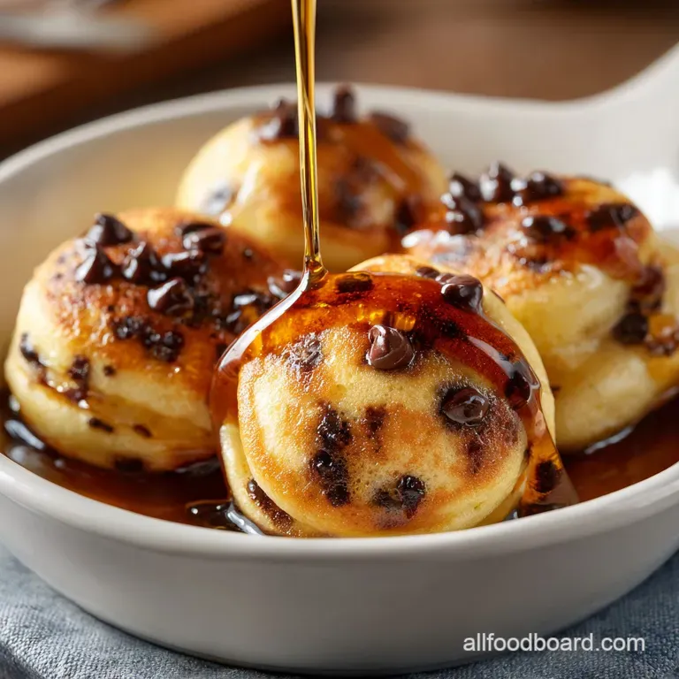 Miniature golden pancakes stacked neatly on a white ceramic plate with a dusting of powdered sugar and mint leaves.