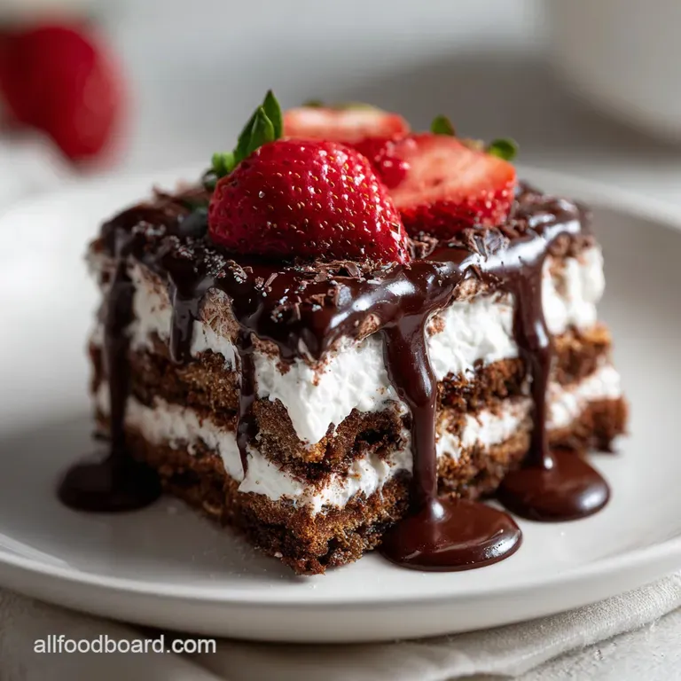 Slice of chocolate lasagna on a white plate, dusted with cocoa. The layers of cream and chocolate create a beautiful contr...