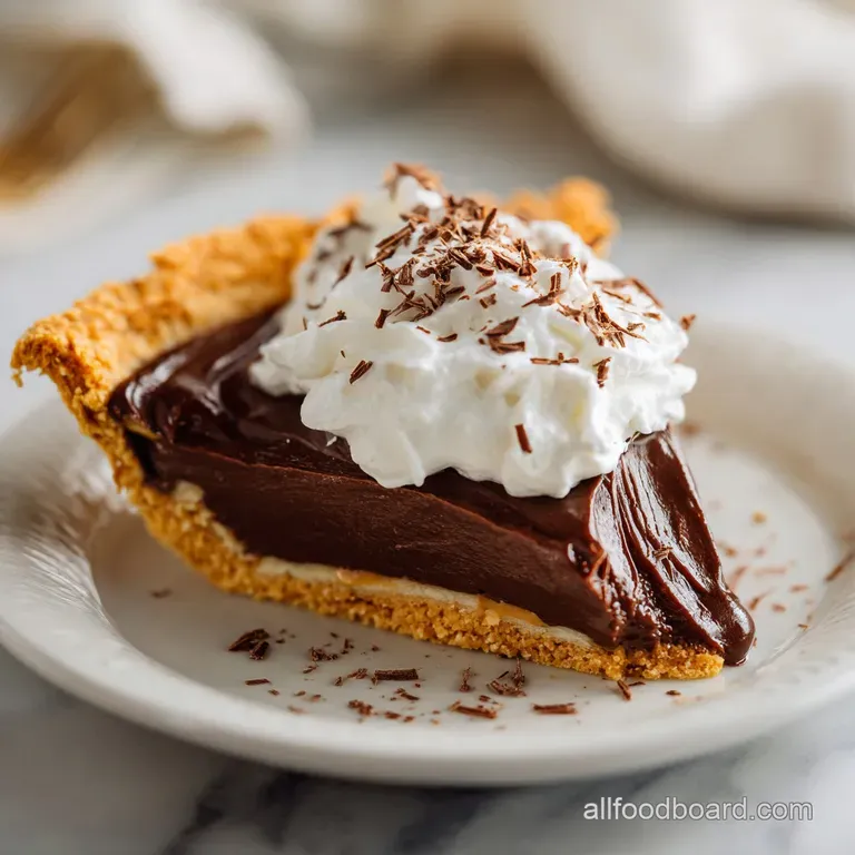 A slice of chocolate peanut butter pie, revealing its airy mousse filling and crisp chocolate crust, elegantly plated.
