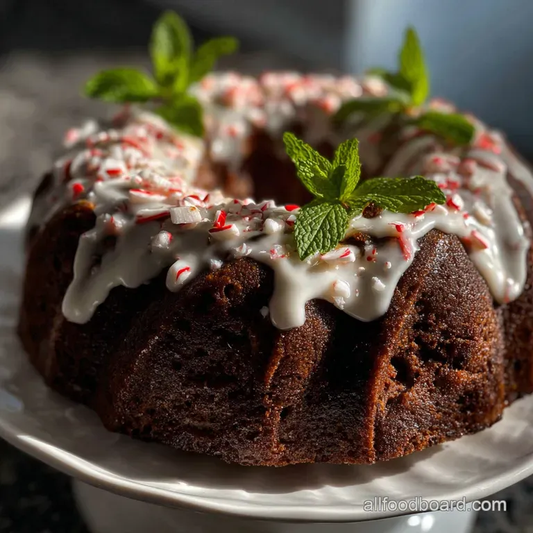 Slice of chocolate peppermint cake on a dessert plate. The velvety cake is swirled with a delicate white frosting, garnish...