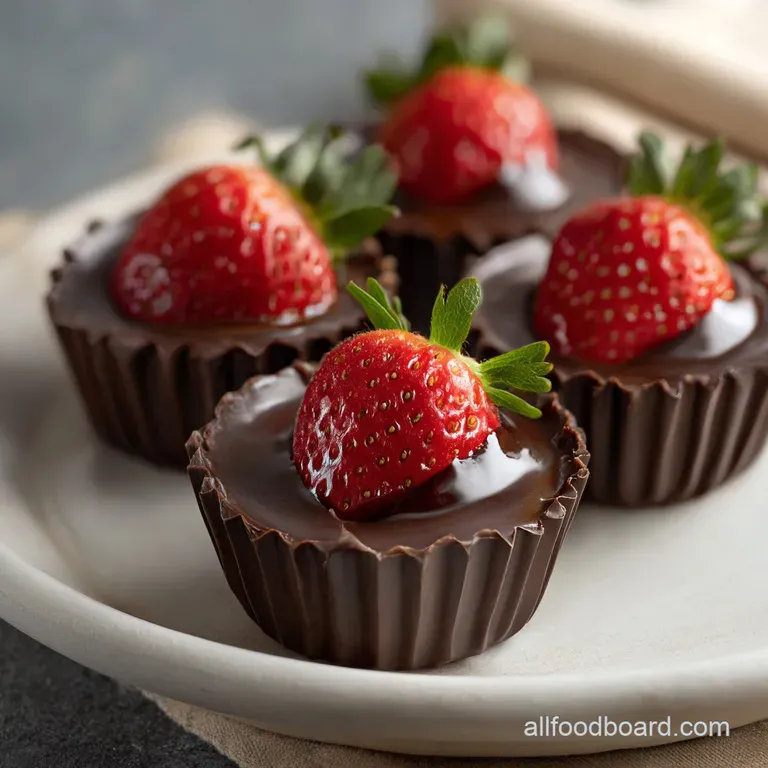 Single chocolate cup overflowing with cream and sliced strawberries, dusted with cocoa powder on a small, white dessert pl...