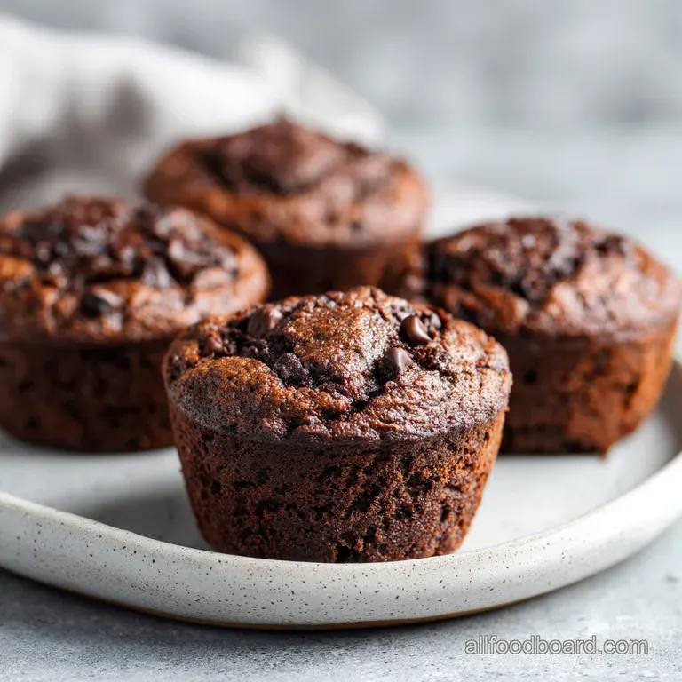 A stack of rich chocolate muffins, artfully arranged with a dusting of cocoa and fresh berries.