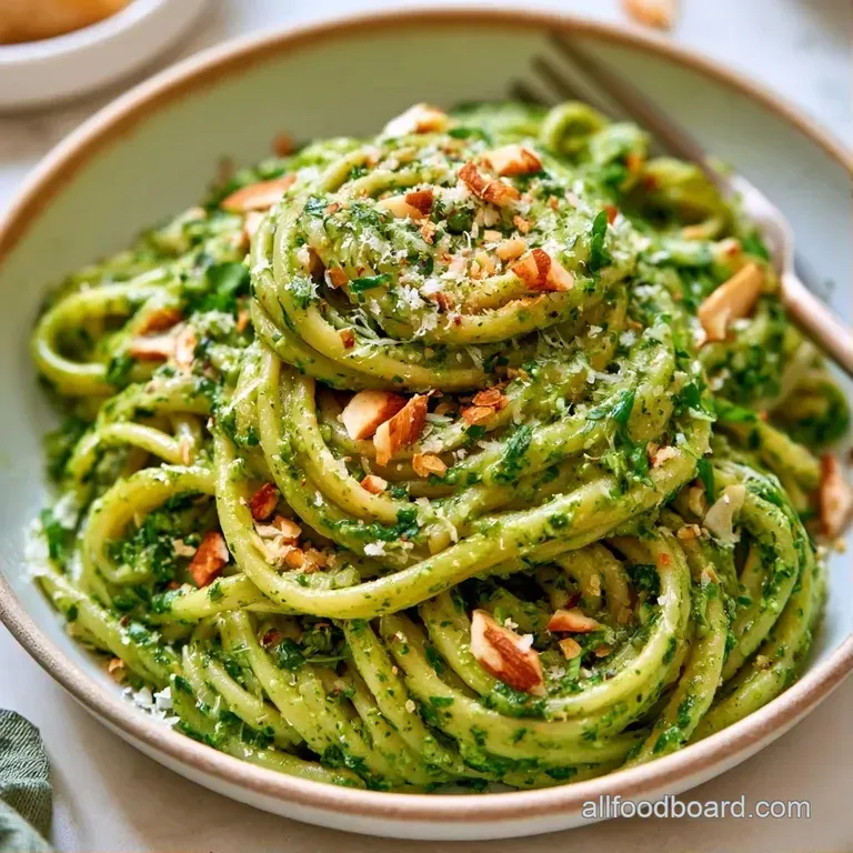 A swirl of bright green pasta on a white ceramic plate, garnished with fresh cilantro leaves and lemon zest.
