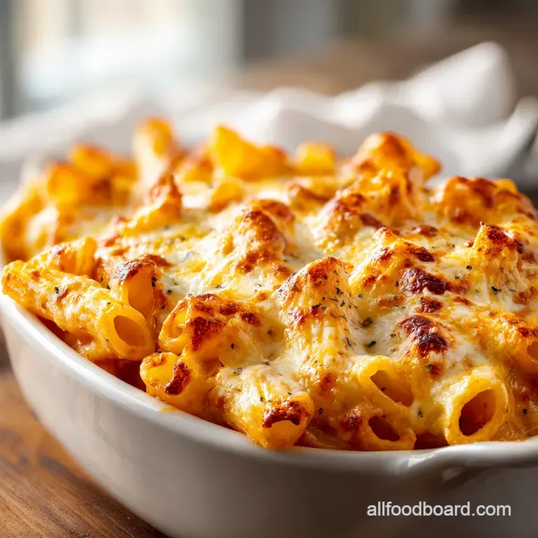 A generous scoop of cheesy baked mostaccioli with crispy browned edges on a rustic plate.