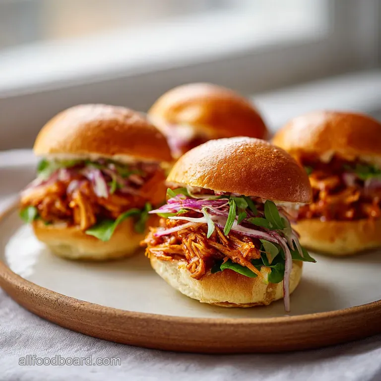 Single BBQ chicken slider, perched on a rustic plate. Shredded chicken with vibrant red sauce. Tangy pickle slice on the t...