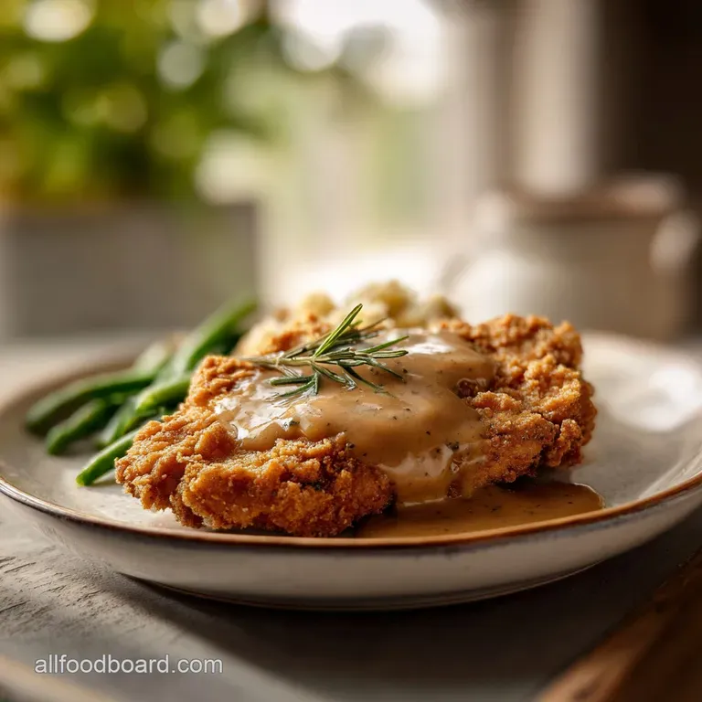 Tender, breaded steak rests on a white plate, draped with rich, savory gravy.
