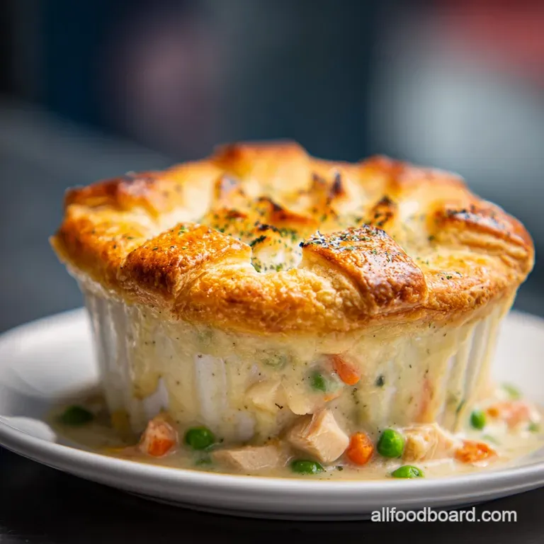 Elegant slice of pot pie with a buttery, layered crust. Filling glistens with herbs and steam rises, inviting you to dig in.