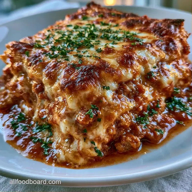 A neat square slice showing distinct layers of pasta and meat sauce, garnished with fresh parsley on a white plate.