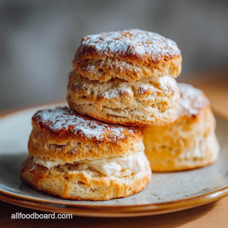 A single, buttery scone, split open, reveals its soft interior. Served with clotted cream and vibrant red strawberry prese...