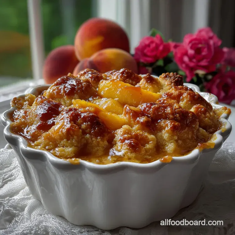 Individual cobbler portion in a rustic white bowl, garnished with a dollop of whipped cream and a fresh peach slice. Textu...