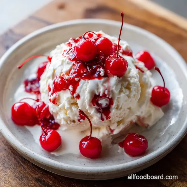 Tall, ice-filled glass of rosy Shirley Temple, condensation beading, topped with a cheerful cherry.