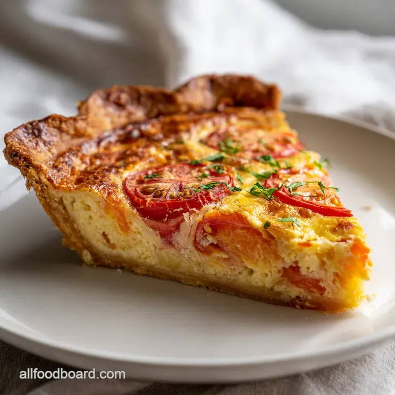 A generous slice of savory tomato pie, glistening with melted cheese, sits on a white plate.