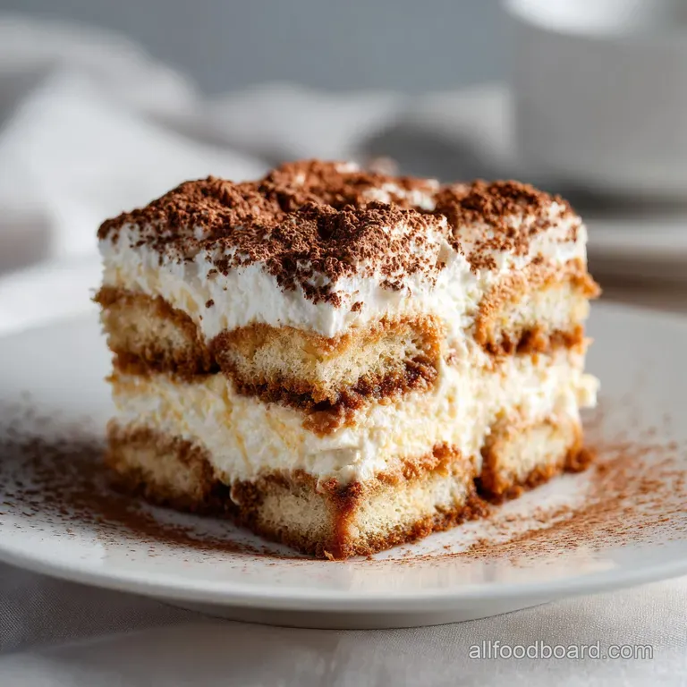Elegant slice of tiramisu with distinct layers, creamy filling, and a light dusting of cocoa served on a white plate.