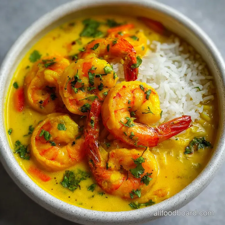 Elegant plate of pan-seared shrimp in coconut curry, garnished with bright green cilantro and a wedge of juicy lime, ready...