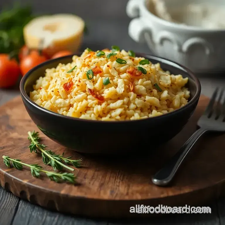 Baked Rice with Onions &amp Cheese Delight presentation
