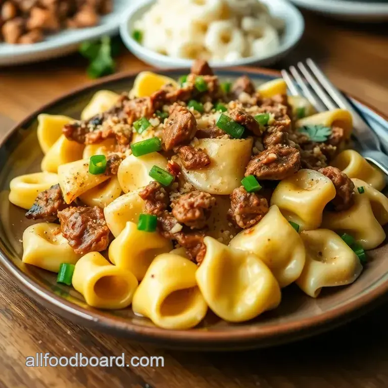 Philly Cheesesteak Tortellini Pasta presentation