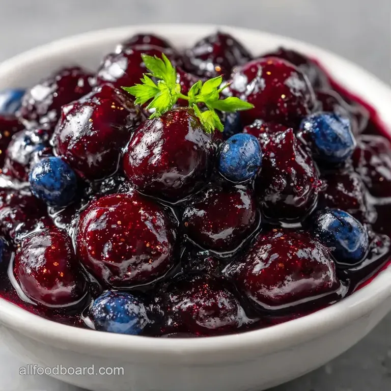 Glossy, dark purple berry preserves spread on a crisp toasted baguette slice beside a wedge of creamy brie.