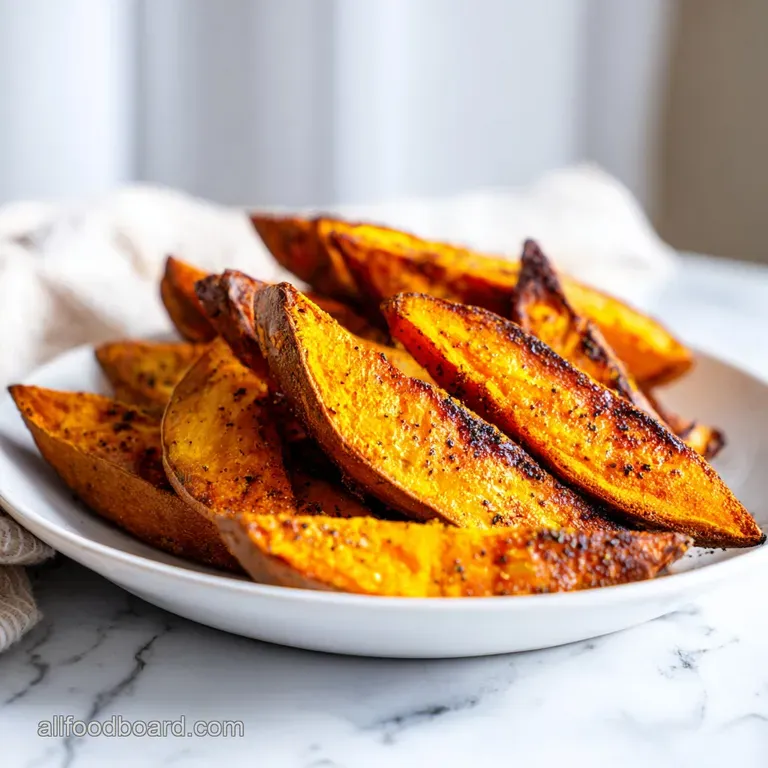 A single serving of glistening roasted sweet potatoes on a white plate, dusted with flaky sea salt and cracked black pepper.