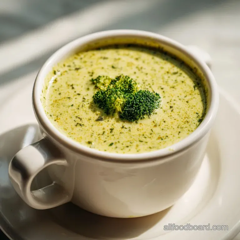 A rustic bowl brimming with thick, cheesy broccoli soup, topped with toasted croutons and a sprinkle of fresh chives.