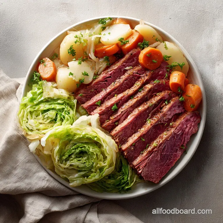 Elegant plate of corned beef and cabbage; tender meat, soft cabbage, and perfectly cooked potatoes drizzled with light sauce.