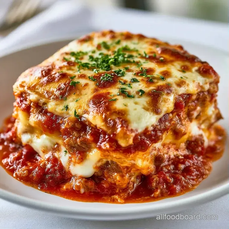 A precise square slice of layered pasta with melted mozzarella and fresh basil on a white ceramic plate.