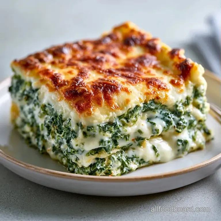 A precise square slice of layered pasta with melted mozzarella and vibrant green spinach on a white ceramic plate.