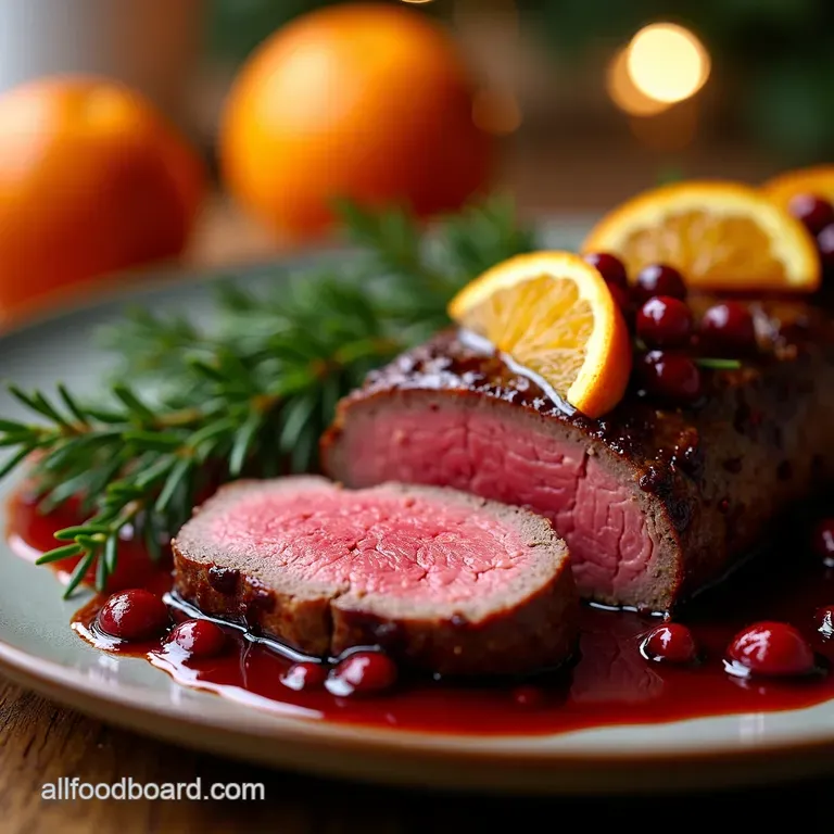 Cranberry Orange Kissed Beef Tenderloin presentation