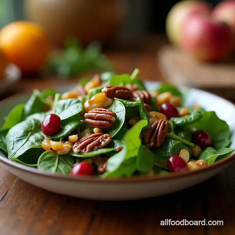 The Autumnal Jewel Salad Cranberry Pecan Spinach with Mapledijon Vinaigrette presentation