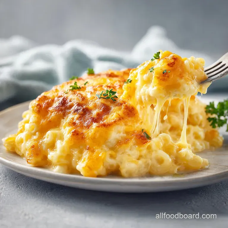 A generous scoop of creamy baked macaroni and cheese, lightly browned and garnished with parsley.