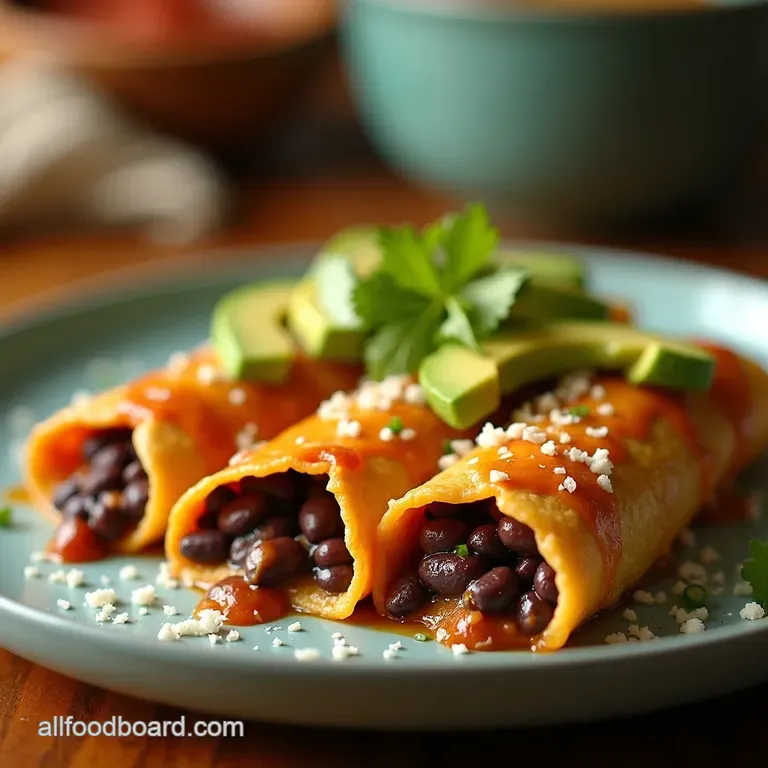 Creamy Black Bean Avocado Enchiladas with Spicy Chipotle Sauce presentation