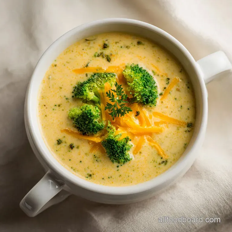 A swirl of rich, golden cheese topping a steaming bowl of velvety broccoli soup, garnished with herbs.