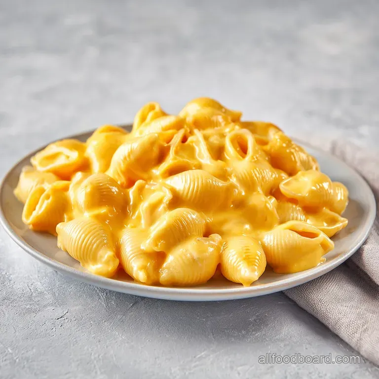 Golden elbow pasta coated in a rich yellow sauce, served in a white bowl with a sprinkle of fresh green parsley.