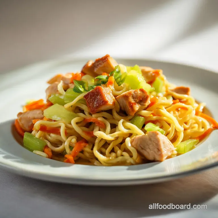 An elegant white bowl of silky chicken and noodles, garnished with cracked pepper and a sprig of fresh herbs.