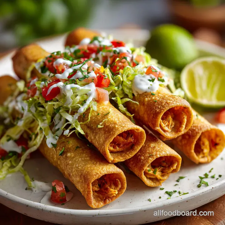 Plated taquitos drizzled with creamy sauce, topped with fresh cilantro, creating an inviting, flavorful, and colorful comp...