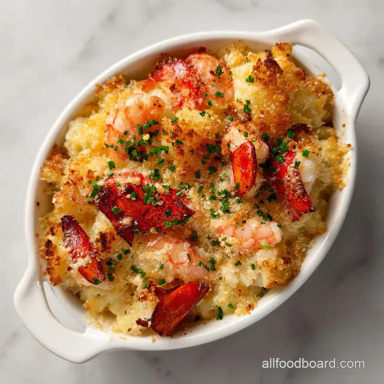 A generous scoop of creamy seafood casserole, adorned with a sprinkle of parsley on a white plate.