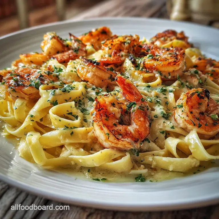Elegant plate of glistening fettuccine with juicy shrimp, creamy sauce, and a sprinkle of red pepper flakes for a pop of c...