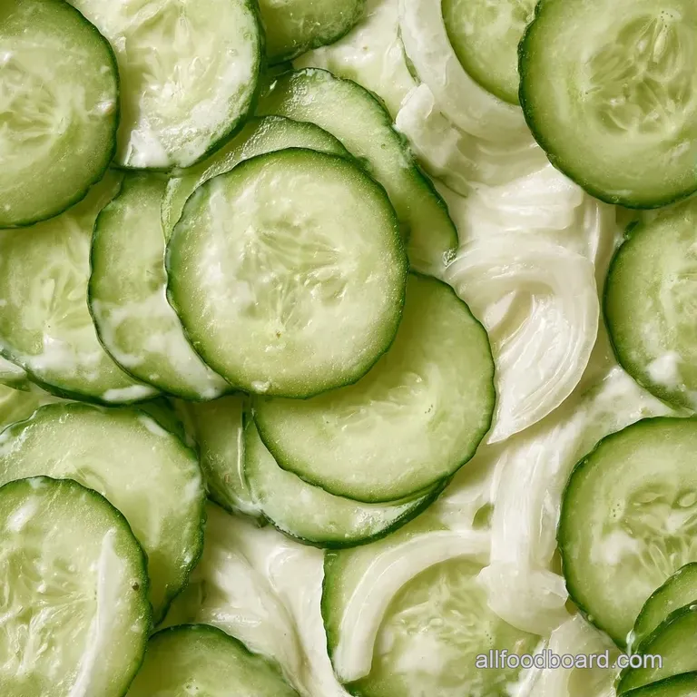 Chilled cucumber slices tossed in a white creamy dressing, served in a glass bowl with a sprig of fresh green dill.
