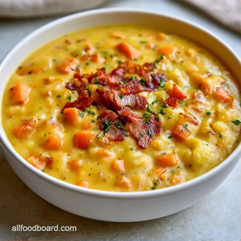 A white porcelain bowl of thick, velvety white soup garnished with golden bacon and a sprinkle of fresh green herbs.
