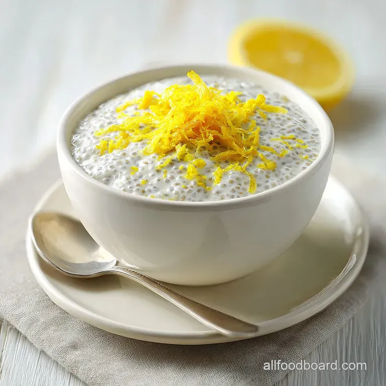 Elegant glass jar filled with pale yellow pudding and black seeds, garnished with a lemon slice and fresh berries.
