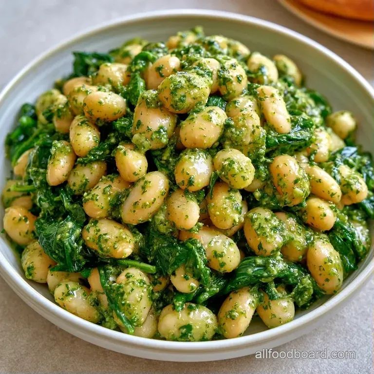 A white ceramic bowl filled with velvety green beans, topped with toasted pine nuts and a sprig of fresh basil