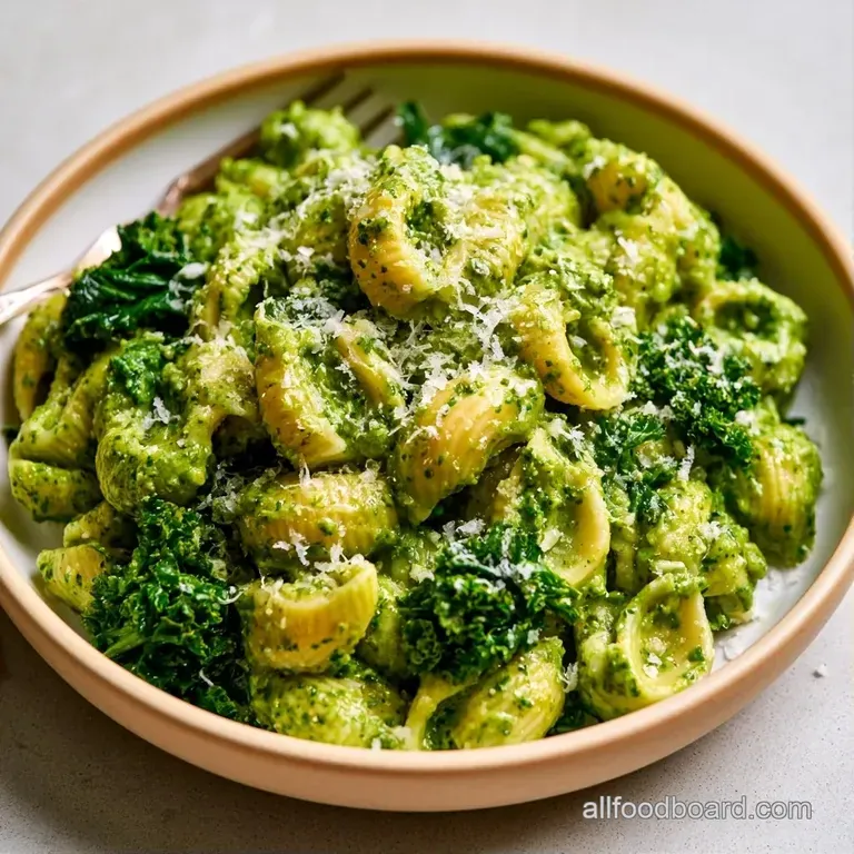 A swirl of vibrant green pasta in a white ceramic bowl, topped with wilted kale and toasted golden pine nuts.