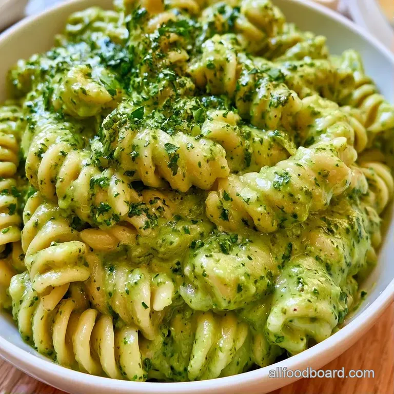Vibrant green pasta tossed with creamy sauce, topped with fresh basil and halved cherry tomatoes on a ceramic plate.
